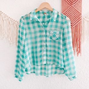 Free People Gingham Sheer High Low Button Up Top